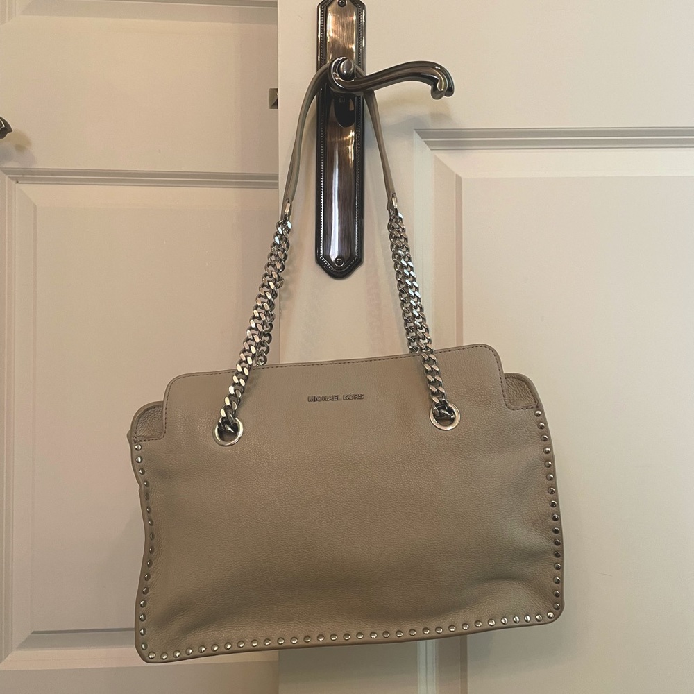 Michael Kors stone color handbag with silver hardware